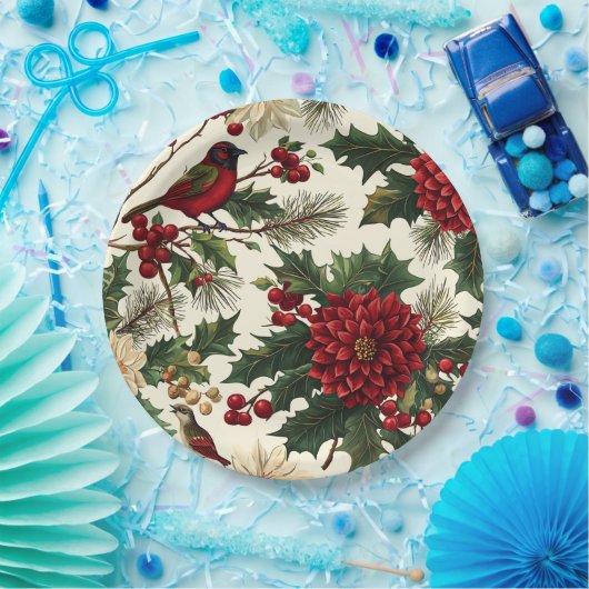 Rustieke vogel en poinsettia kerstpatroon (10) papieren bordje (Feest)
