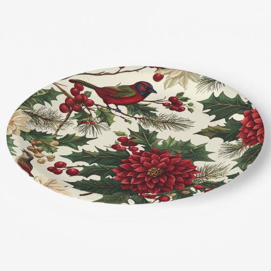 Rustieke vogel en poinsettia kerstpatroon (10) papieren bordje (Gekanteld)