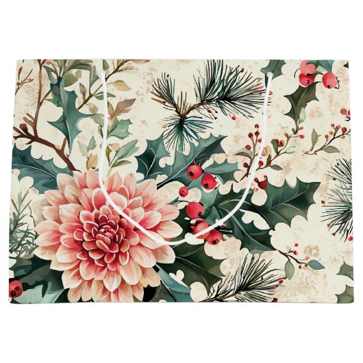 Rustieke vogel en poinsettia kerstpatroon (11) groot cadeauzakje (Voorkant)