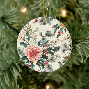 Rustieke vogel en poinsettia kerstpatroon (11) keramisch ornament