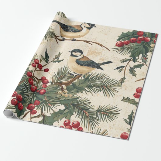 Rustieke vogel en poinsettia kerstpatroon (8) cadeaupapier (Uitgerold)
