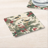 Rustieke vogel en poinsettia kerstpatroon (8) kartonnen onderzetters (Schuin)