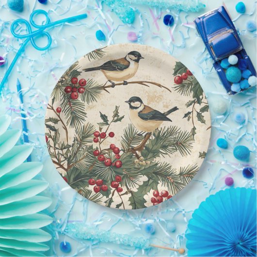 Rustieke vogel en poinsettia kerstpatroon (8) papieren bordje (Feest)