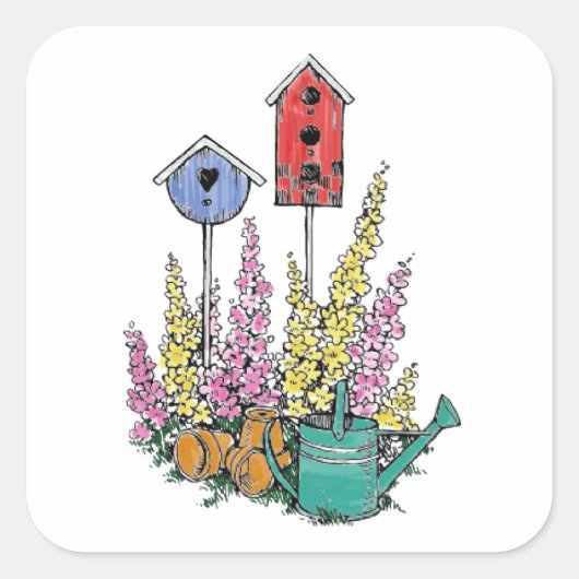 Rustieke Vogelhuis Tuin Waterverf Schets Vierkante Sticker (Voorkant)