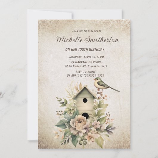 Rustieke  vogelhuisbloemen 100e geboortedag kaart (Voorkant)