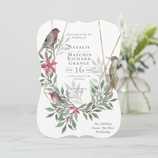 Rustieke vogels botanische  uitnodiging (Staand voorkant)