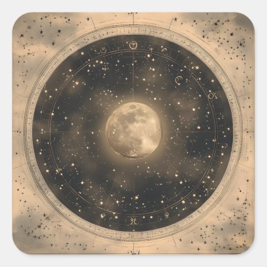 Rustieke  Volle Maan Celestial Design Vierkante Sticker (Voorkant)