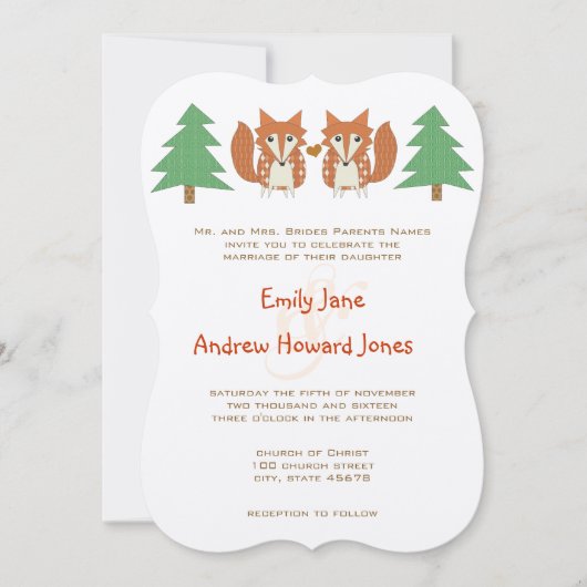 Rustieke vos en dennenboom bruiloft uitnodiging (Voorkant)