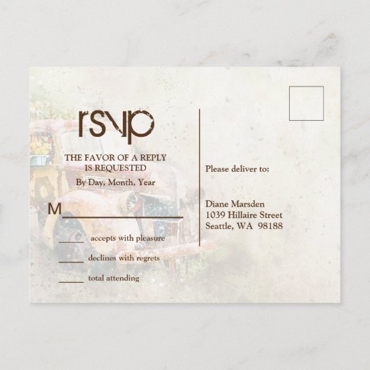  rustieke vrachtwagen bruiloft RSVP behuizing Uitnodiging Briefkaart (Achterkant)