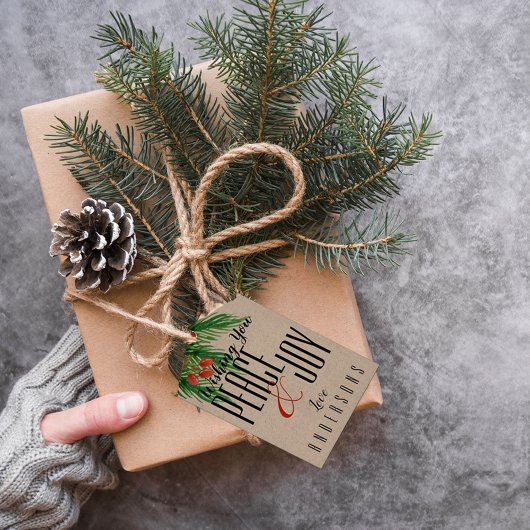 Rustieke Vrede En Vreugde Rode Bessen Bruine Kerst Cadeaulabel