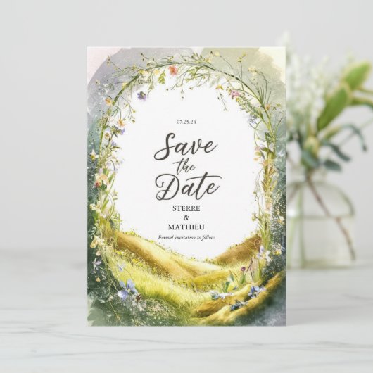 Rustieke vreugdevolle Wildflower bruiloft Save The Date (Staand voorkant)