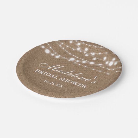 Rustieke Vrijgezellenfeest Burlap String Lights Papieren Bordje (Gekanteld)