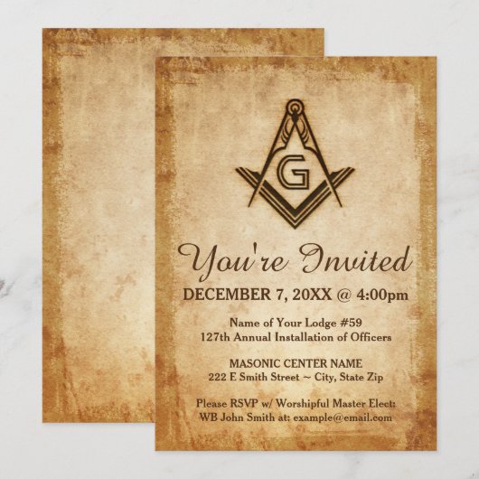 Rustieke vrijmetselaarsuitnodigingen | perkament v kaart (Voorkant / Achterkant)