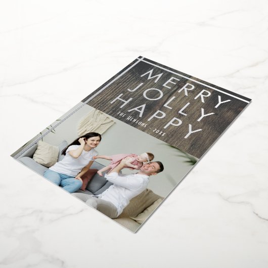 Rustieke vrolijke houten familie foto Kerstmis Folie Feestdagenkaart (Gedraaid)