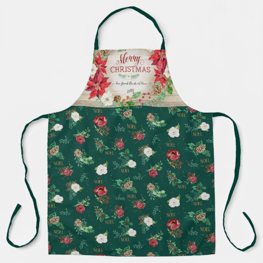 Rustieke Vrolijke Kerst Bourgondië Poinsettia Bloe Schort (Voorkant)