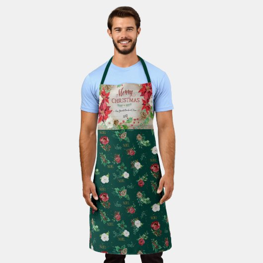 Rustieke Vrolijke Kerst Bourgondië Poinsettia Bloe Schort (Gedragen)