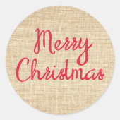 Rustieke vrolijke kerst Burlap Print rood en bruin Ronde Sticker (Voorkant)