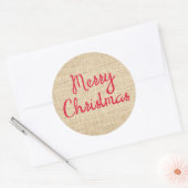 Rustieke vrolijke kerst Burlap Print rood en bruin Ronde Sticker (Envelop)