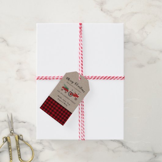 Rustieke vrolijke kerst rode plaid vakantie cadeaulabel (Met Touw)