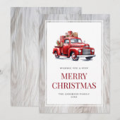 Rustieke vrolijke kerstcadeaus oude rode vrachtwag feestdagenkaart (Voorkant / Achterkant)