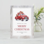 Rustieke vrolijke kerstcadeaus oude rode vrachtwag feestdagenkaart (Staand voorkant)