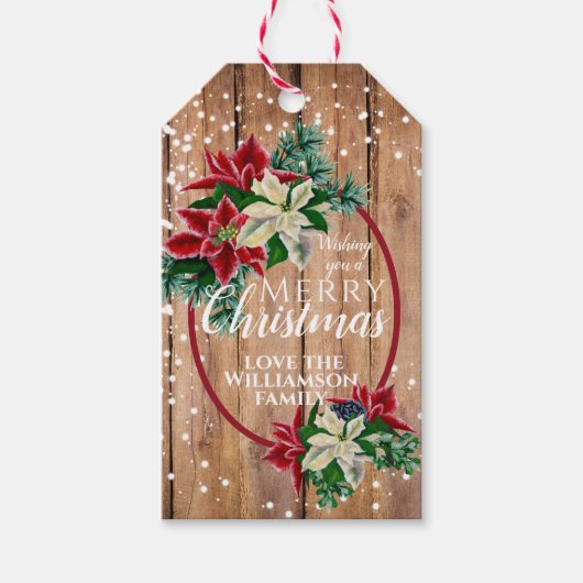 Rustieke Vrolijke Kerstmis Poinsettia Floral Cadeaulabel (Voorkant)