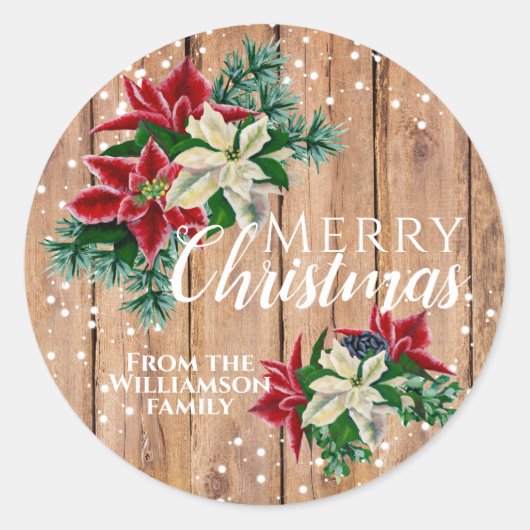 Rustieke Vrolijke Kerstmis Poinsettia Floral Ronde Sticker (Voorkant)