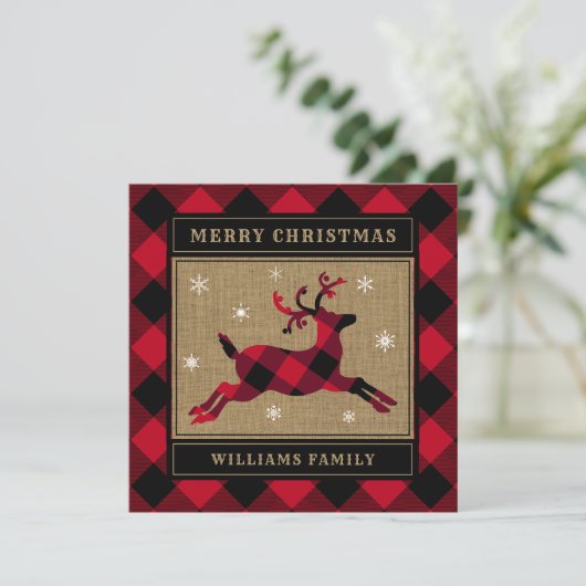 Rustieke Vrolijke Kerstmis Rendier Red Buffalo Pla Feestdagenkaart (Staand voorkant)