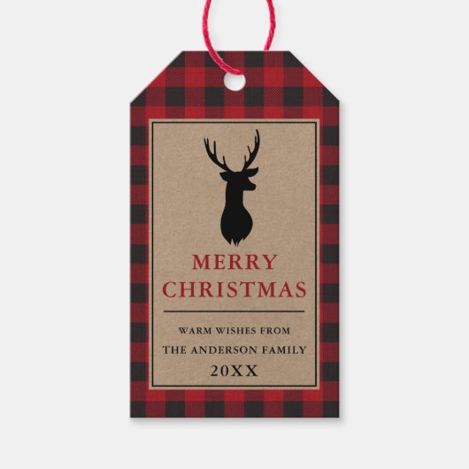 Rustieke Vrolijke Kerstmis Rood Plaid Kraft Cadeaulabel (Voorkant)