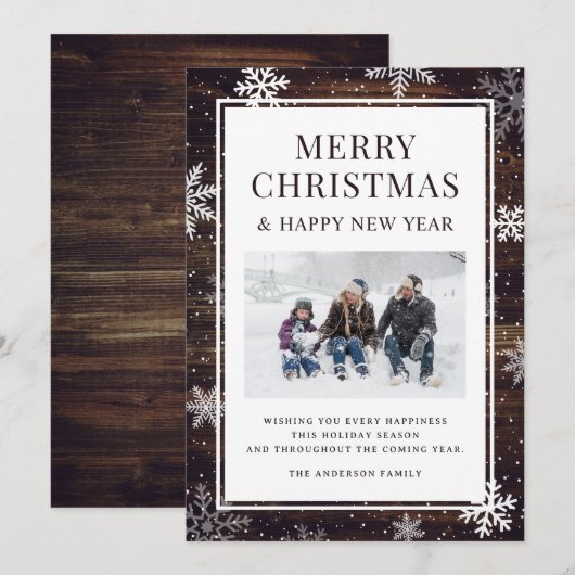 Rustieke Vrolijke Kerstmis Sneeuwvlok Foto Feestdagenkaart (Voorkant / Achterkant)