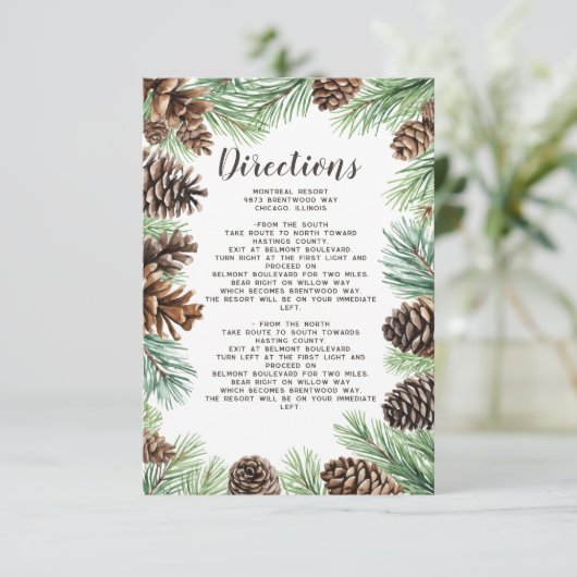 Rustieke vuisttakken dennenappel bruiloft details informatiekaartje (Staand voorkant)