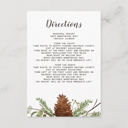 Rustieke vuisttakken dennenappel bruiloft details informatiekaartje (Voorkant)