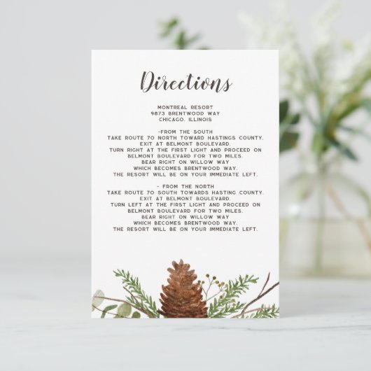 Rustieke vuisttakken dennenappel bruiloft details informatiekaartje (Staand voorkant)