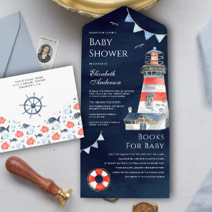 Rustieke Vuurtoren Nautische Marineblauwe Baby Sho All In One Uitnodiging