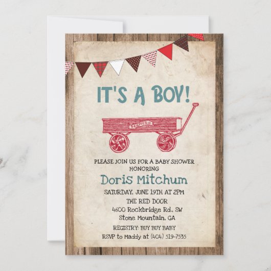 Rustieke  Wagon Boy Baby shower Invitation Kaart (Voorkant)