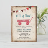 Rustieke  Wagon Boy Baby shower Invitation Kaart (Staand voorkant)