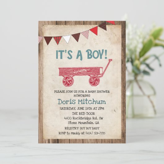Rustieke  Wagon Boy Baby shower Invitation Kaart (Staand voorkant)