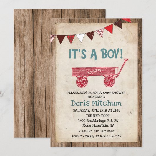 Rustieke  Wagon Boy Baby shower Invitation Kaart (Voorkant / Achterkant)
