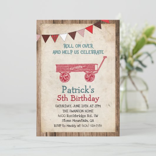 Rustieke Wagon Boy Verjaardagsuitnodiging Kaart (Staand voorkant)