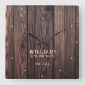 Rustieke Wallnut Wood Brown gepersonaliseerd Vierkante Klok (Voorkant)