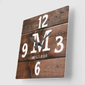 Rustieke Walnoot Hout Familienaam Monogram Boerder Vierkante Klok (Hoek)