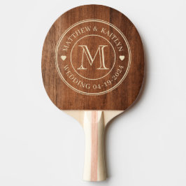 Rustieke walnoten houten trouwmonogram hart tafeltennisbatje