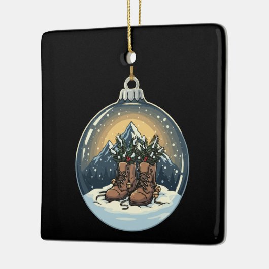 Rustieke wandelschoenen Mountain Scene Kerstmis Keramisch Ornament (Links)