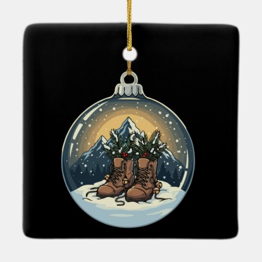 Rustieke wandelschoenen Mountain Scene Kerstmis Keramisch Ornament (Achterkant)