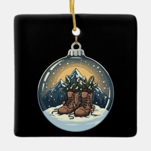 Rustieke wandelschoenen Mountain Scene Kerstmis Keramisch Ornament (Voorkant)