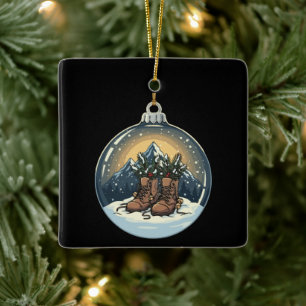 Rustieke Wandelstiefels Berglandschap Kerstmis Keramisch Ornament