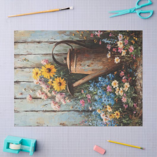 Rustieke Watering Can Wildflowers Schilderij Decou Tissuepapier (Craft)