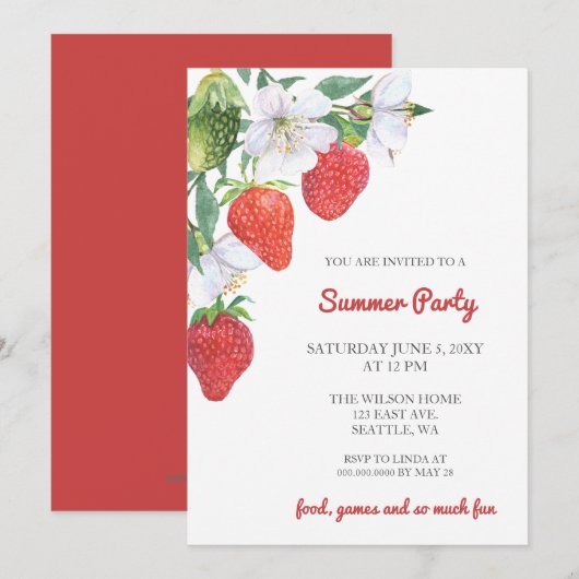 Rustieke Waterverf Aardbeien Zomerfeest Kaart (Voorkant / Achterkant)