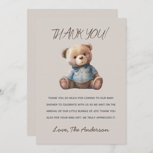 Rustieke Waterverf Beer Baby shower Dank u kaart (Voorkant / Achterkant)