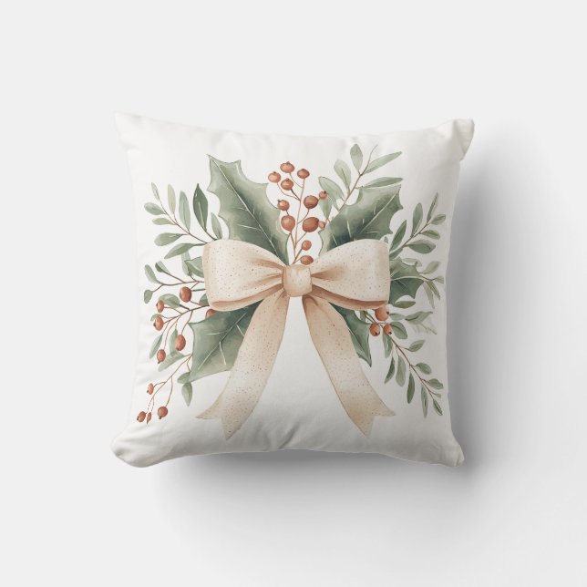 Rustieke Waterverf Beige Bow Leaves and Berries Kussen (Voorkant)